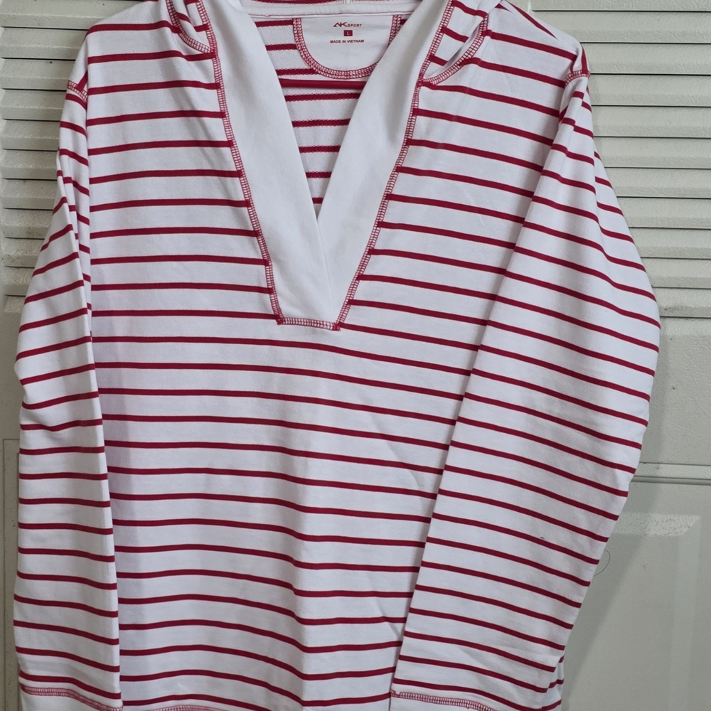 Anne Klein Sport Women's Pullover Red & white striped  Hoodie Size L large